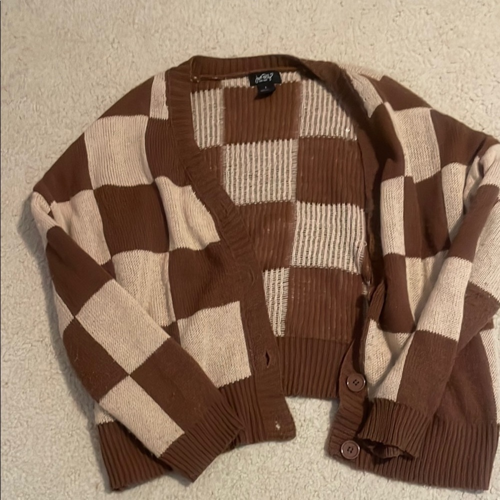 Brown and Cream Cardigan with Retro Checkerboard Pattern